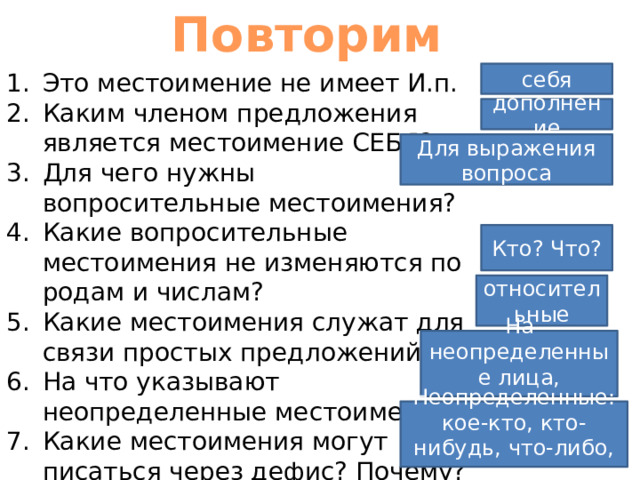 Повторим Это местоимение не имеет И.п. Каким членом предложения является местоимение СЕБЯ? Для чего нужны вопросительные местоимения? Какие вопросительные местоимения не изменяются по родам и числам? Какие местоимения служат для связи простых предложений? На что указывают неопределенные местоимения? Какие местоимения могут писаться через дефис? Почему? себя дополнение Для выражения вопроса Кто? Что? относительные На неопределенные лица, предметы … Неопределенные: кое-кто, кто-нибудь, что-либо, кто-то 