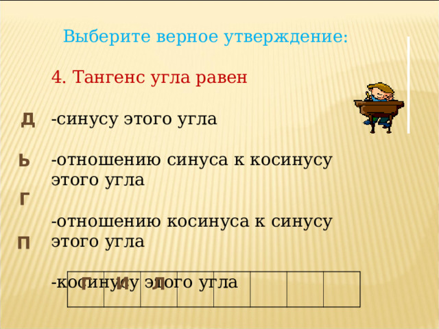 Выберите верное утверждение: 4. Тангенс угла равен -синусу этого угла -отношению синуса к косинусу этого угла -отношению косинуса к синусу этого угла -косинусу этого угла Д Ь Г П Г И Л 