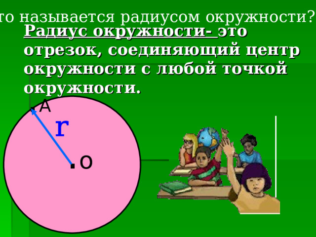 Что называется радиусом окружности? Радиус окружности - это отрезок, соединяющий центр окружности с любой точкой окружности.   . А . о 