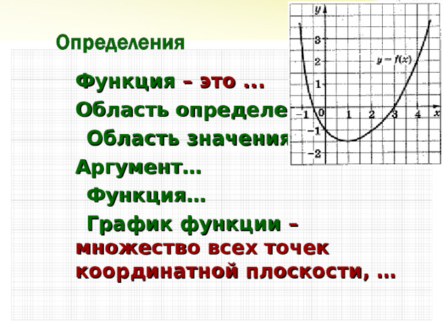  Функция – это .. .  Область определения…  Область значения…  Аргумент…  Функция…  График функции – множество всех точек координатной плоскости, … 