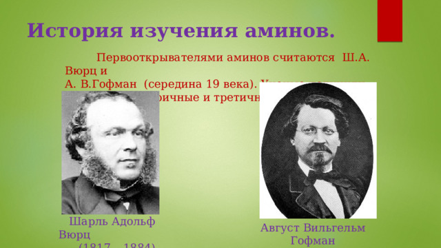 История изучения аминов.  Первооткрывателями аминов считаются Ш.А. Вюрц и А. В.Гофман (середина 19 века). Ученые получили первичные, вторичные и третичные амины.  Шарль Адольф Вюрц (1817 – 1884) Август Вильгельм Гофман (1818 – 1892) 