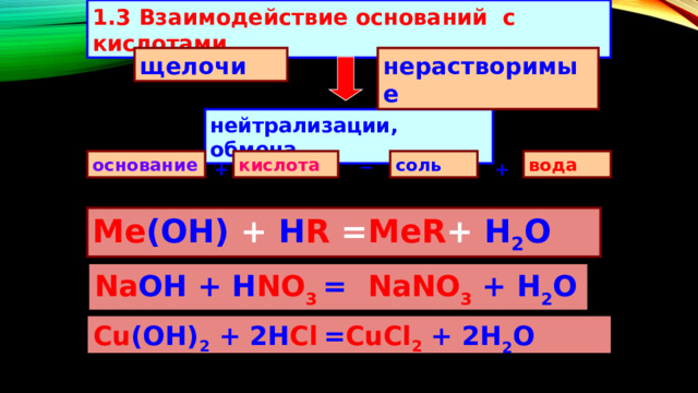 1.3 Взаимодействие оснований с кислотами щелочи нерастворимые нейтрализации, обмена = вода кислота соль основание + + Me (OH) +  H R  = MeR +  H 2 O Na OH + H NO 3  … + …  Na OH + H NO 3  = NaNO 3 +  H 2 O  Cu (OH) 2 + H Cl   … + … Cu (OH) 2 + 2H Cl  = CuCl 2  + 2H 2 O     