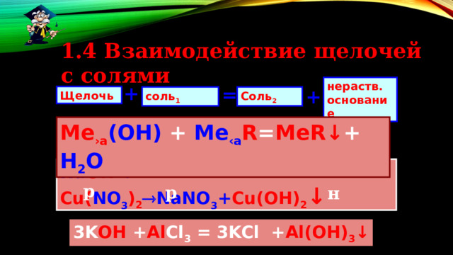 1.4 Взаимодействие щелочей с солями нераств. основание + = + Щелочь Соль 2  соль 1 Me › а (OH) +  Me ‹a R = MeR ↓ +  H 2 O Na OH + Сu( NO 3 ) 2  NaNO 3 + Cu(OH) 2 ↓  р р н 3K OH + Al Cl 3 = 3KCl + Al(OH) 3 ↓ 