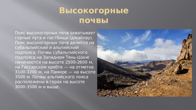 Высокогорные почвы Пояс высокогорных почв охватывает горные луга и пастбища (джайлау). Пояс высокогорных почв делится на субальпийский и альпийский подпояса. Почвы субальпийского подпояса на Западном Тянь-Шане начинаются на высоте 2500-2600 м, на Гиссарском хребте — на отметке 3100-3200 м, на Памире — на высоте 3500 м. Почвы альпийского пояса расположены в горах на высоте 3000-3500 м и выше. 