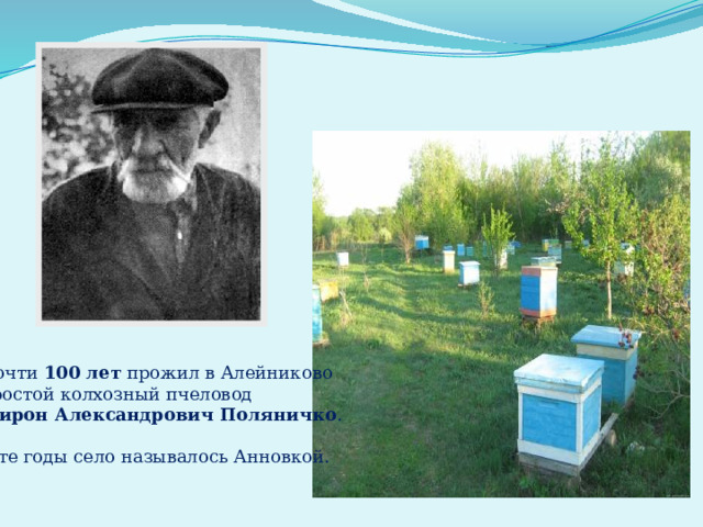 Почти 100 лет прожил в Алейниково простой колхозный пчеловод Мирон Александрович Поляничко . В те годы село называлось Анновкой. 