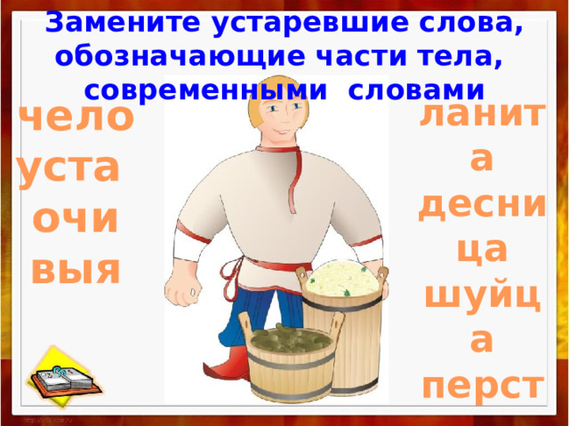 Замените устаревшие слова, обозначающие части тела, современными словами чело ланита уста десница очи шуйца выя перст   