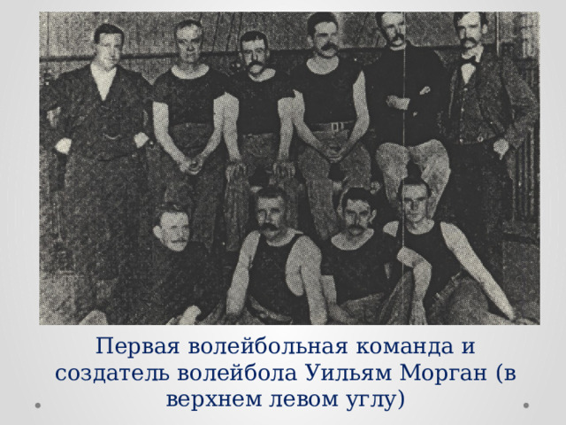 Первая волейбольная команда и создатель волейбола Уильям Морган (в верхнем левом углу) 