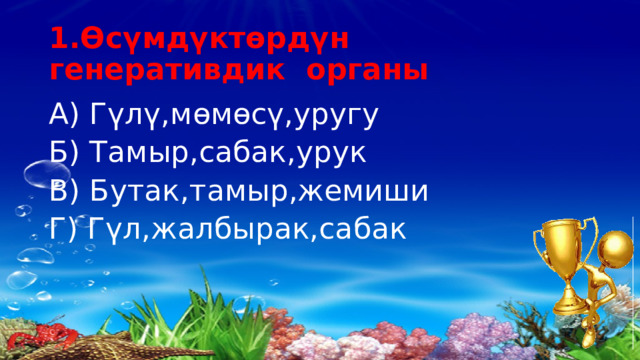 1.Өсүмдүктөрдүн генеративдик органы А) Гүлү,мөмөсү,уругу Б) Тамыр,сабак,урук В) Бутак,тамыр,жемиши Г) Гүл,жалбырак,сабак 