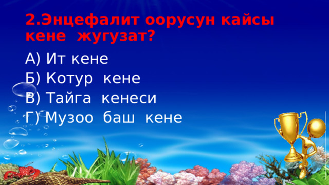 2.Энцефалит оорусун кайсы кене жугузат? А) Ит кене Б) Котур кене В) Тайга кенеси Г) Музоо баш кене 