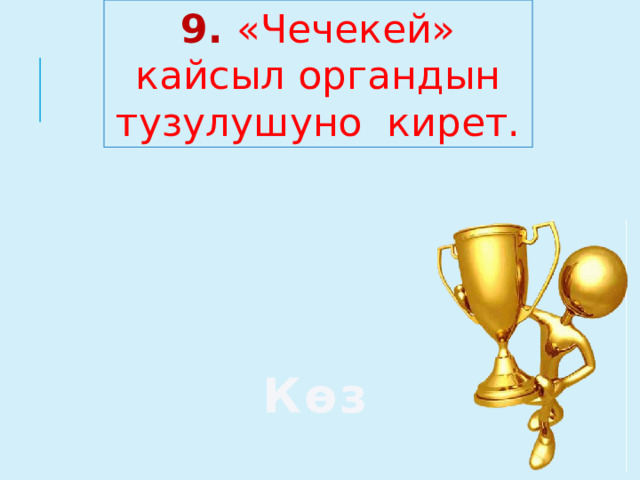 9. «Чечекей» кайсыл органдын тузулушуно кирет. Көз  
