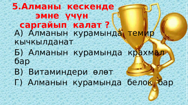 5.Алманы кескенде эмне үчүн  саргайып калат ? А) Алманын курамында темир кычкылданат Б) Алманын курамында крахмал бар В) Витаминдери өлөт Г) Алманын курамында белок бар 