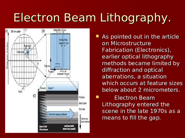 Electron Beam Lithography. As pointed out in the article on Microstructure Fabrication  (Electronics), earlier optical lithography methods became limited by diffraction and optical aberrations, a situation which occurs at feature sizes below about 2 micrometers.  Electron Beam Lithography entered the scene in the late 1970s as a means to fill the gap. 