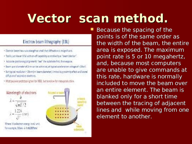  Vector scan method. Because the spacing of the points is of the same order as the width of the beam, the entire area is exposed. The maximum point rate is 5 or 10 megahertz, and, because most computers are unable to give commands at this rate, hardware is normally included to move the beam over an entire element. The beam is blanked only for a short time between the tracing of adjacent lines and while moving from one element to another. 