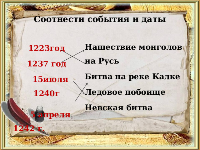 Соотнести события и даты  Нашествие монголов на Русь Битва на реке Калке Ледовое побоище Невская битва 1223год 1237 год  15июля 1240г   5 апреля 1242 г.  