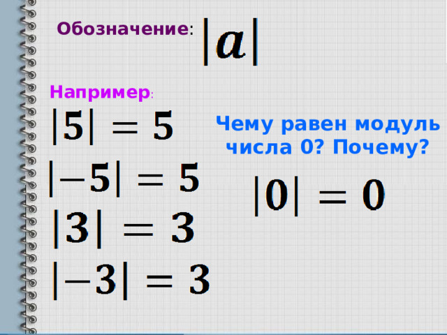 Обозначение : Например : Чему равен модуль числа 0? Почему? 