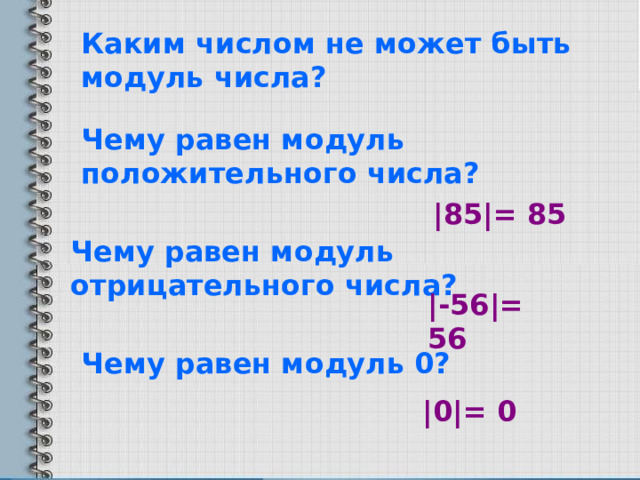Каким числом не может быть модуль числа? Чему равен модуль положительного числа? |85|= 85 Чему равен модуль отрицательного числа? |-56|= 56 Чему равен модуль 0? |0|= 0 