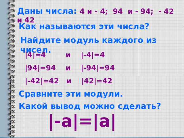 Даны числа: 4 и - 4; 94 и - 94; - 42 и 42 Как называются эти числа? Найдите модуль каждого из чисел. |4|=4 и |-4|=4 |94|=94   и |-94|=94 |-42|=42 и |42|=42 Сравните эти модули. Какой вывод можно сделать? | -а |=|a|    
