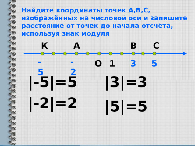 Найдите координаты точек А,В,С, изображённых на числовой оси и запишите расстояние от точек до начала отсчёта, используя знак модуля В А К С -5 -2 О 3 5 1 |-5|=5 |3|=3 |-2|=2 |5|=5 