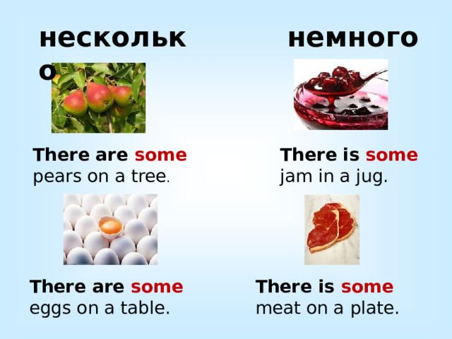 несколько немного There are some pears on a tree . There is some jam in a jug. There are some eggs on a table. There is some meat on a plate. 