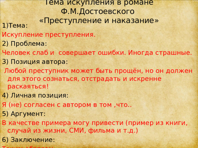 Тема искупления в романе Ф.М.Достоевского  «Преступление и наказание» 1)Тема: Искупление преступления. 2) Проблема: Человек слаб и совершает ошибки. Иногда страшные. 3) Позиция автора:  Любой преступник может быть прощён, но он должен для этого сознаться, отстрадать и искренне раскаяться! 4) Личная позиция: Я (не) согласен с автором в том ,что.. 5) Аргумент: В качестве примера могу привести (пример из книги, случай из жизни, СМИ, фильма и т.д.) 6) Заключение: Таким образом, ___________. 