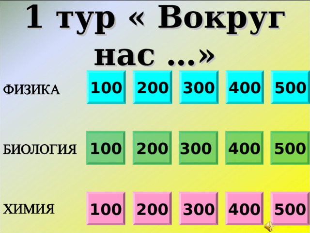 1 тур « Вокруг нас …» 100 200 300 400 500 500 200 300  100 400 500 200 300 400 100 