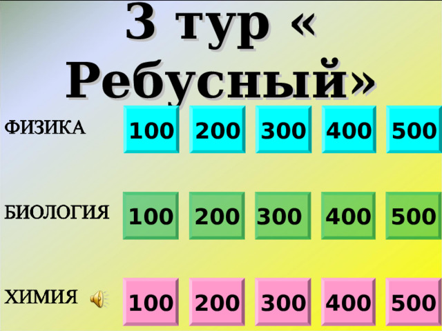 3 тур « Ребусный » 100 200 300 400 500 400 300  200 100 500 200 300 100 400 500 