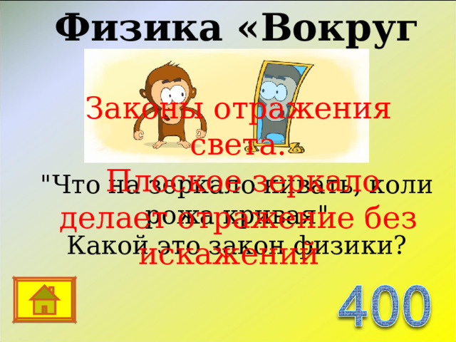 Физика «Вокруг нас…» Законы отражения света.  Плоское зеркало делает отражение без искажений 