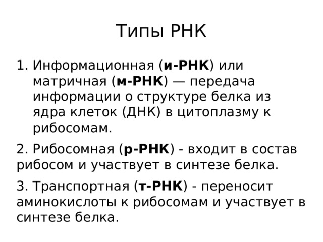 Типы РНК Информационная ( и-РНК ) или матричная ( м-РНК ) — передача информации о структуре белка из ядра клеток (ДНК) в цитоплазму к рибосомам. 2. Рибосомная ( р-РНК ) - входит в состав рибосом и участвует в синтезе белка. 3. Транспортная ( т-РНК ) - переносит аминокислоты к рибосомам и участвует в синтезе белка.