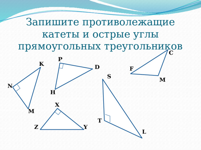   Запишите противолежащие катеты и острые углы прямоугольных треугольников C P K D F S М N H X M T Z Y L 