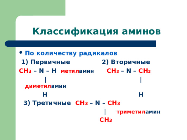 Классификация аминов По количеству радикалов  1) Первичные 2) Вторичные CH 3  – N – H  метил амин CH 3  – N – С H 3   | | диметил амин  Н  Н  3) Третичные CH 3 – N – С H 3  | триметил амин  СН 3 