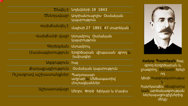 Ծնվել է նոյեմբերի 19 ,  1843 Ծննդավայր Ադրիանուպոլիս ,  Օսմանյան կայսրություն Վախճանվել է մայիսի 27 ,  1891  ( 47 տարեկան ) Վախճանի վայր Ստամբուլ ,  Օսմանյան կայսրություն Գերեզման Մասնագիտություն Ստամբուլ Ազգություն երգիծաբան ,  վիպասան ,  գրող  և  խմբագիր հայ Քաղաքացիություն   Օսմանյան կայսրություն Ուշագրավ աշխատանքներ Պաղտասար աղբար  և  Մեծապատիվ մուրացկաններ Աշխատավայր Մեղու ,  Փորձ ,  Խիկար և Մասիս Հակոբ Պարոնյան   հայ գրող-երգիծաբան և լրագրող,  XIXդարի  երկրոդ կեսի  հայգրականության , հատկապես  ռեալիստական  արձակագրության ներկայացուցիչներից մեկը: 