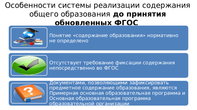 Особенности системы реализации содержания общего образования до принятия обновленных ФГОС Понятие «содержание образования» нормативно не определено Отсутствует требование фиксации содержания непосредственно во ФГОС Документами, позволяющими зафиксировать предметное содержание образования, являются Примерная основная образовательная программа и Основная образовательная программа образовательной организации 