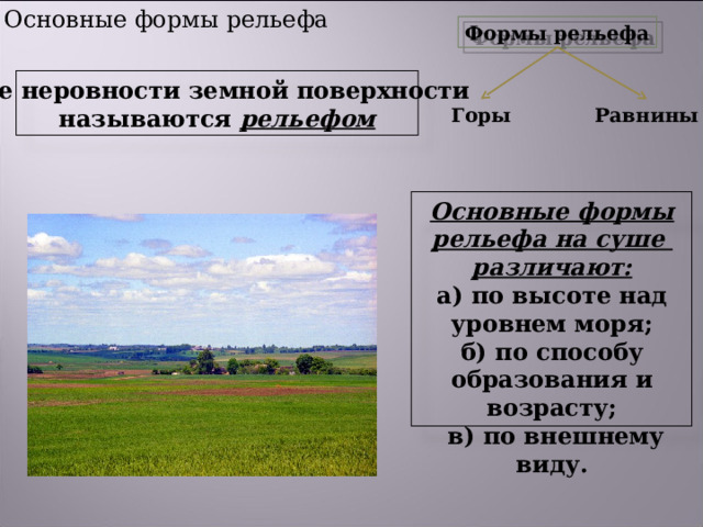 1. Основные формы рельефа Формы рельефа Все неровности земной поверхности называются рельефом Равнины Горы Основные формы рельефа на суше различают: а) по высоте над уровнем моря; б) по способу образования и возрасту;  в) по внешнему виду. 