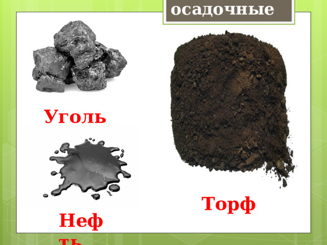 Органические  осадочные горные породы  Уголь Торф Нефть 