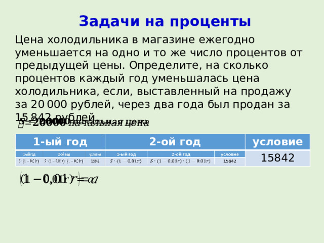Задачи на проценты Цена холодильника в магазине ежегодно уменьшается на одно и то же число процентов от предыдущей цены. Определите, на сколько процентов каждый год уменьшалась цена холодильника, если, выставленный на продажу за 20 000 рублей, через два года был продан за 15 842 рублей.   1-ый год 1-ый год 2-ой год 2-ой год условие условие 15842 15842   