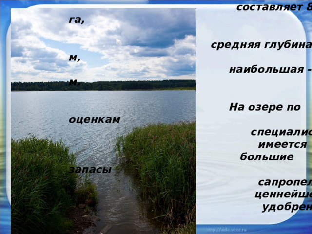 Самое крупное озеро - Круглое.    Его площадь  составляет 85 га,   средняя глубина 2,5 м,  наибольшая - 12 м.   На озере по оценкам  специалистов  имеется  большие запасы  сапропеля –  ценнейшего  удобрения. 