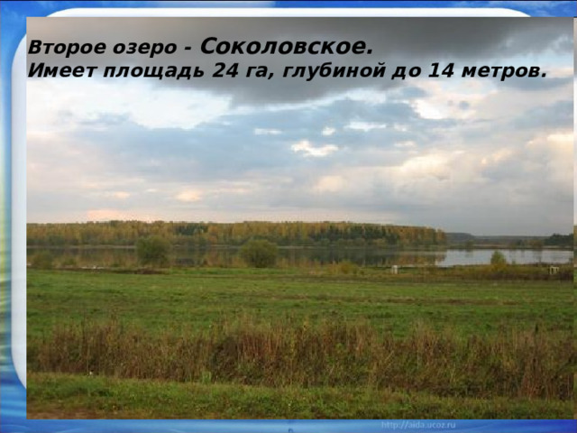 Второе озеро - Соколовское.  Имеет площадь 24 га, глубиной до 14 метров.  