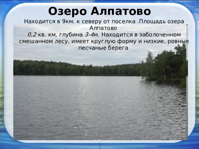 Озеро Алпатово Находится в 9км. к северу от поселка .Площадь озера Алпатово 0,2 кв. км, глубина 3-4 м. Находится в заболоченном смешанном лесу, имеет круглую форму и низкие, ровные песчаные берега    