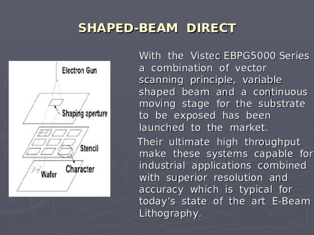 SHAPED-BEAM DIRECT  With the Vistec EBPG5000 Series a combination of vector scanning principle, variable shaped beam and a continuous moving stage for the substrate to be exposed has been launched to the market.  Their ultimate high throughput make these systems capable for industrial applications combined with superior resolution and accuracy which is typical for today’s state of the art E-Beam Lithography. 