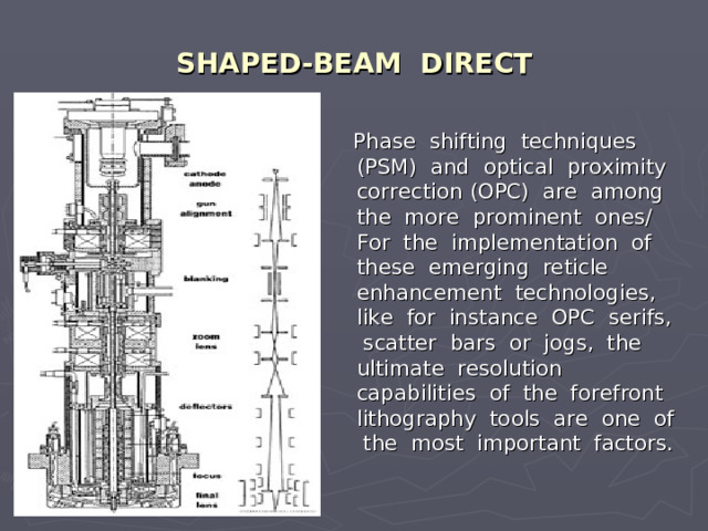 SHAPED-BEAM DIRECT  Phase shifting techniques (PSM) and optical proximity correction (OPC) are among the more prominent ones/ For the implementation of these emerging reticle enhancement technologies, like for instance OPC serifs, scatter bars or jogs, the ultimate resolution capabilities of the forefront lithography tools are one of the most important factors. 