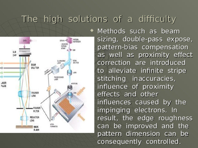 The high solutions of a difficulty Methods such as beam sizing, double-pass expose, pattern-bias compensation as well as proximity effect correction are introduced to alleviate infinite stripe stitching inaccuracies, influence of proximity effects and other influences caused by the impinging electrons. In result, the edge roughness can be improved and the pattern dimension can be consequently controlled. 