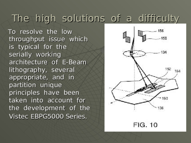 The high solutions of a difficulty  To resolve the low throughput issue which is typical for the serially working architecture of E-Beam lithography, several appropriate, and in partition unique principles have been taken into account for the development of the Vistec EBPG5000 Series.  