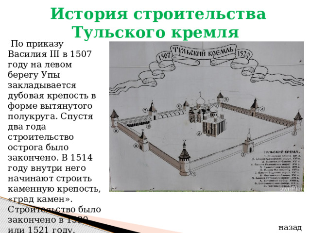   История строительства Тульского кремля    По приказу Василия III в 1507 году на левом берегу Упы закладывается дубовая крепость в форме вытянутого полукруга. Спустя два года строительство острога было закончено. В 1514 году внутри него начинают строить каменную крепость, «град камен». Строительство было закончено в 1520 или 1521 году. назад 