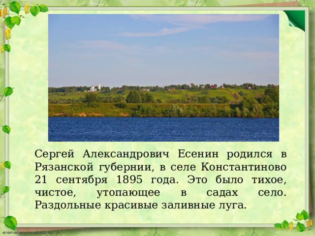 Сергей Александрович Есенин родился в Рязанской губернии, в селе Константиново 21 сентября 1895 года. Это было тихое, чистое, утопающее в садах село. Раздольные красивые заливные луга. 