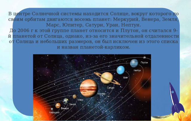 В центре Солнечной системы находится Солнце, вокруг которого по своим орбитам двигаются восемь планет: Меркурий, Венера, Земля, Марс, Юпитер, Сатурн, Уран, Нептун.  До 2006 г к этой группе планет относится и Плутон, он считался 9-й планетой от Солнца, однако, из-за его значительной отдаленности от Солнца и небольших размеров, он был исключен из этого списка и назван планетой-карликом.   