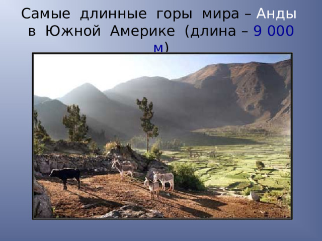 Самые длинные горы мира – Анды в Южной Америке (длина – 9 000 м ) 