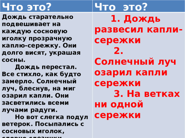 Что это? Что это? Дождь старательно подвешивает на каждую сосновую иголку прозрачную каплю-сережку. Они долго висят, украшая сосны.  Дождь перестал. Все стихло, как будто замерло. Солнечный луч, блеснув, на миг озарил капли. Они засветились всеми лучами радуги.  1. Дождь развесил капли-сережки  2. Солнечный луч озарил капли сережки  Но вот слегка подул ветерок. Посыпались с сосновых иголок, словно слезинки, радужные сережки. Еще порыв. Другой. Сильнее закачались верхние ветки, обильно посыпались капли. Ни одной сережки.  3. На ветках ни одной сережки 