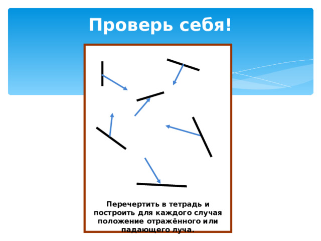 Проверь себя! Перечертить в тетрадь и построить для каждого случая положение отражённого или падающего луча. 