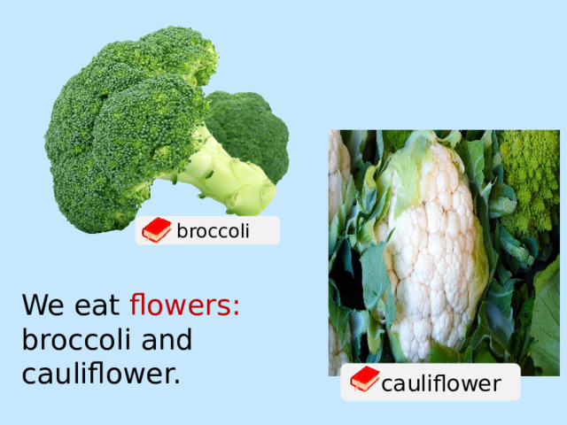  broccoli We eat flowers: broccoli and cauliflower.  cauliflower 