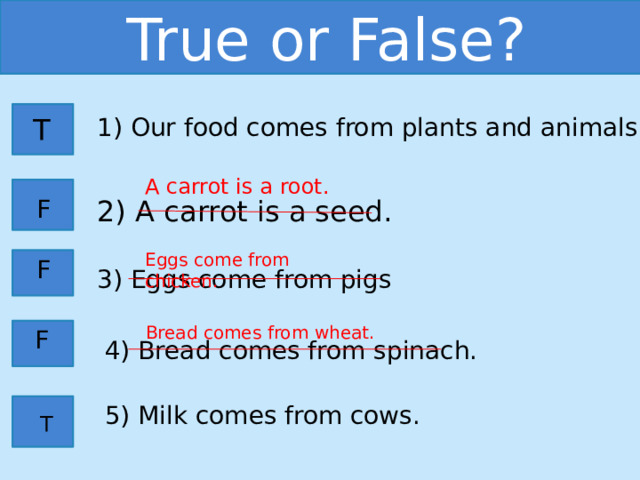 True or False? T 1) Our food comes from plants and animals. A carrot is a root. 2) A carrot is a seed.  F Eggs come from chicken.  F 3) Eggs come from pigs Bread comes from wheat. F 4) Bread comes from spinach. 5) Milk comes from cows. T 